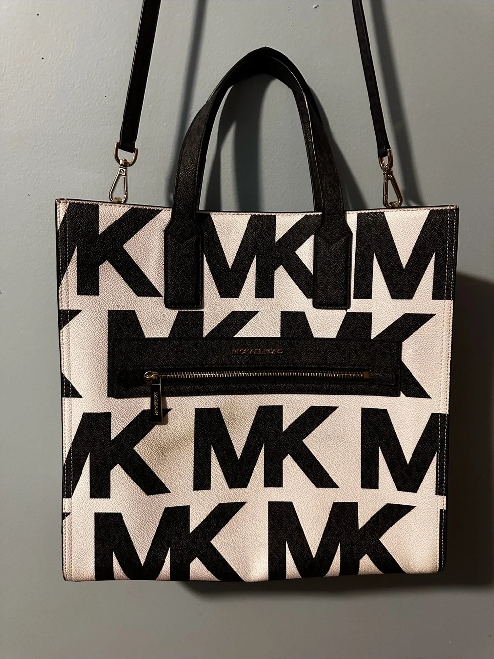 Michael Kors Black & White MK Logo Messenger Tote
